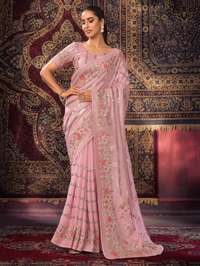 Stunning Baby Pink Sequins Georgette Wedding Saree With Blouse